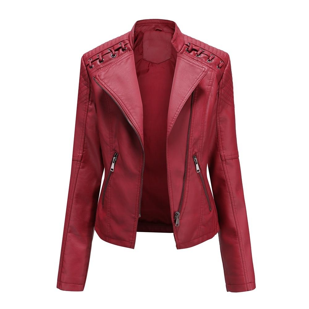 Women Short Leather Jacket Slim Jacket Motorcycle Suit, Size: S(Red)