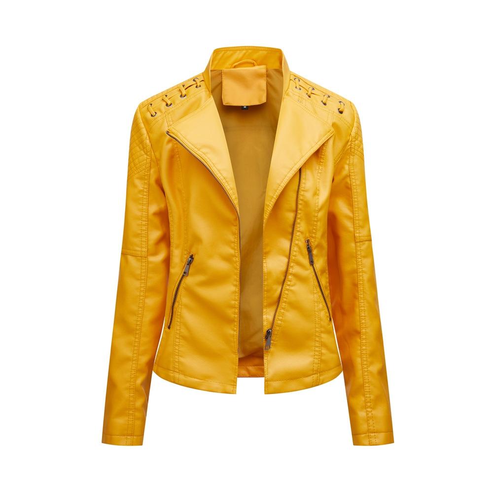 Women Short Leather Jacket Slim Jacket Motorcycle Suit, Size: S(Lemon Yellow)