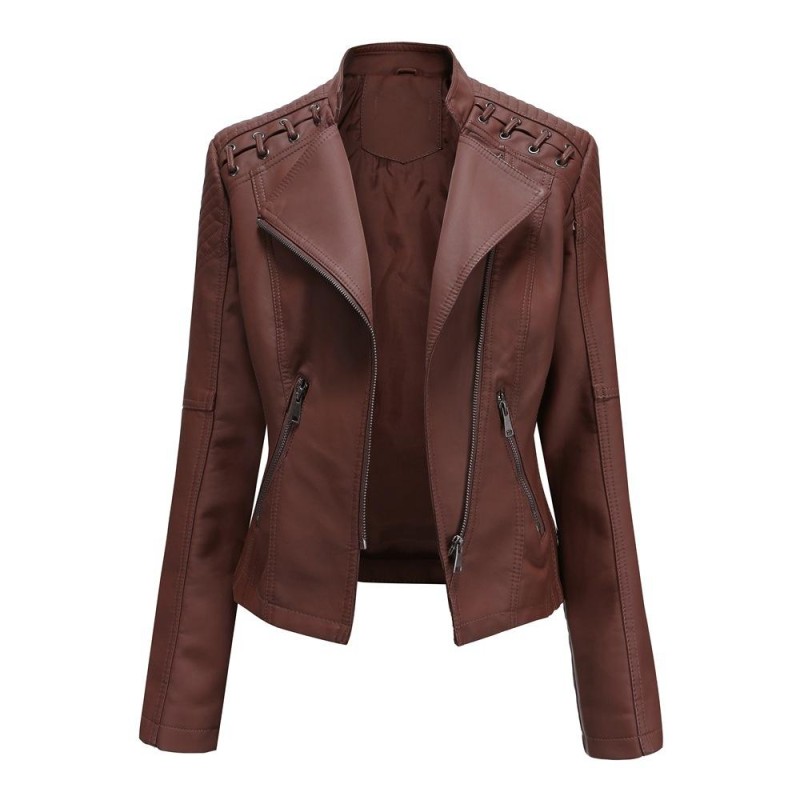 Women Short Leather Jacket Slim Jacket Motorcycle Suit, Size: M(Coffee)