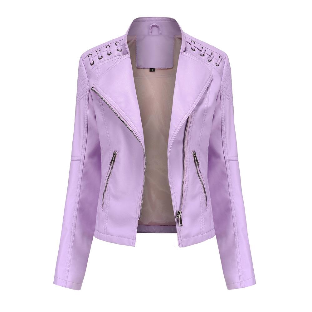 Women Short Leather Jacket Slim Jacket Motorcycle Suit, Size: L(Light Cherry Pink)