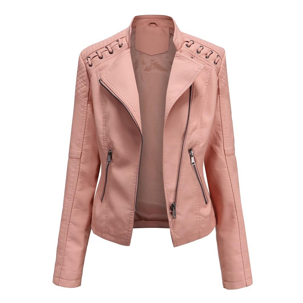 Women Short Leather Jacket Slim Jacket Motorcycle Suit, Size: XL(Pink)