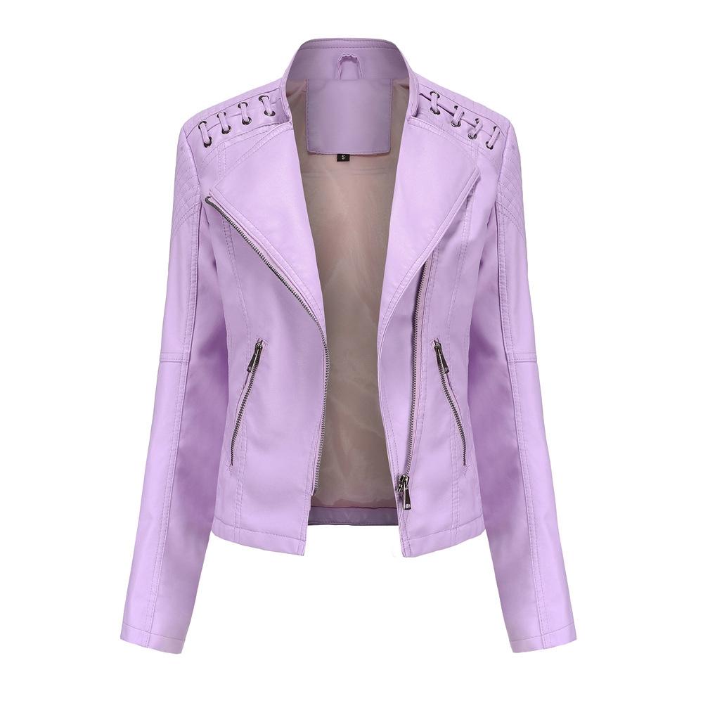 Women Short Leather Jacket Slim Jacket Motorcycle Suit, Size: XL(Light Cherry Pink)