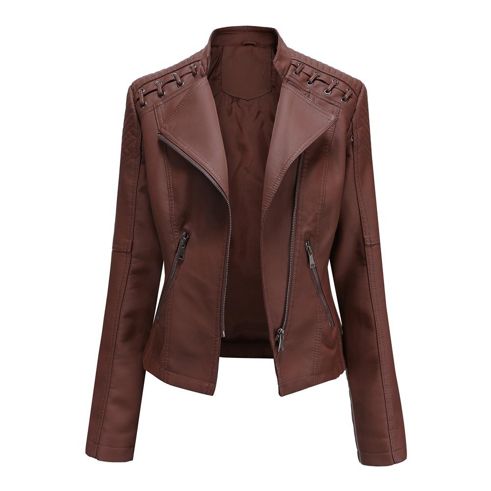 Women Short Leather Jacket Slim Jacket Motorcycle Suit, Size: XXL(Coffee)