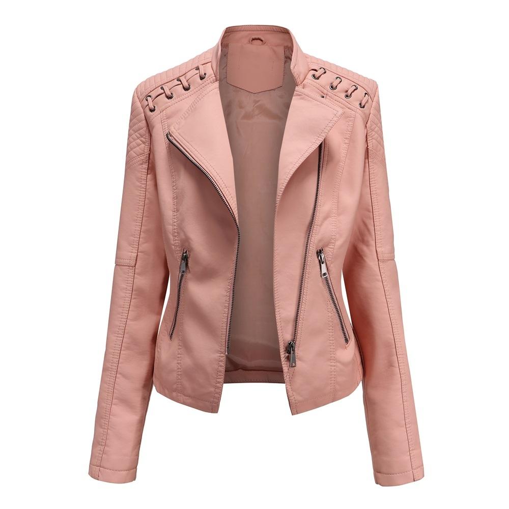 Women Short Leather Jacket Slim Jacket Motorcycle Suit, Size: XXL(Pink)
