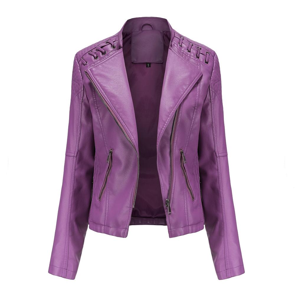 Women Short Leather Jacket Slim Jacket Motorcycle Suit, Size: XXL(Violet)