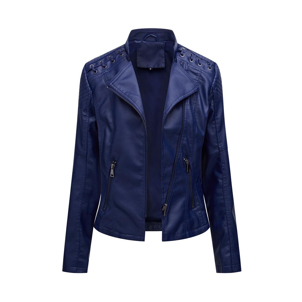 Women Short Leather Jacket Slim Jacket Motorcycle Suit, Size: XXL(Navy)