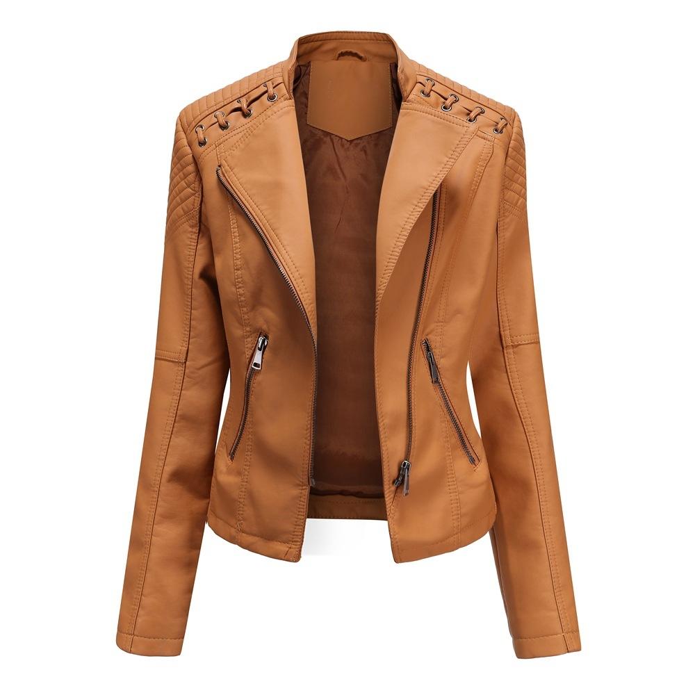Women Short Leather Jacket Slim Jacket Motorcycle Suit, Size: XXXXL(Camel)