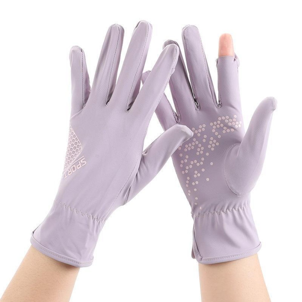 1pair Driving Sunscreen Anti-ultraviolet Thin Summer Ice Silk Dew Finger Non-slip Riding Gloves Free Size(Taro Purple)