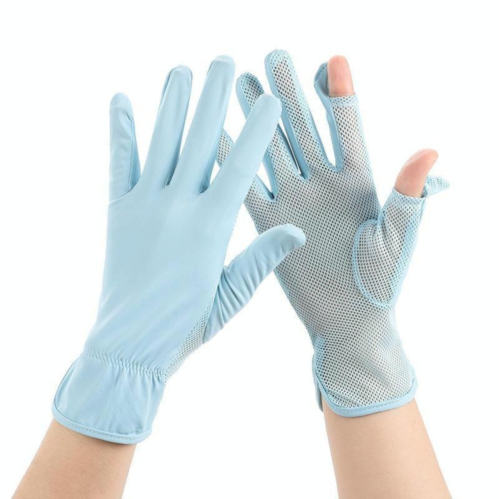 1pair Summer Sunscreen Breathable Thin Anti-ultraviolet Finger Fishing Ice Silk Gloves Free Size(Sky Blue)