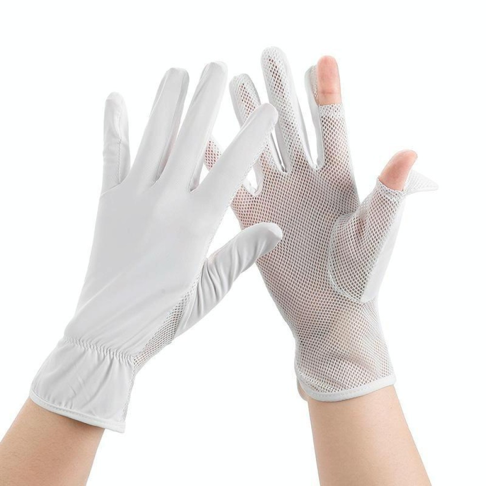 1pair Summer Sunscreen Breathable Thin Anti-ultraviolet Finger Fishing Ice Silk Gloves Free Size(Ivory White)
