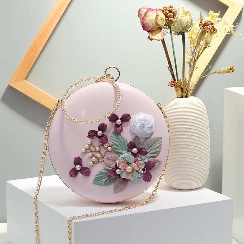 Oms-107 Flower and Pearls Embellished Handbag Metal Buckle Chain Shoulder Bag(Pink)