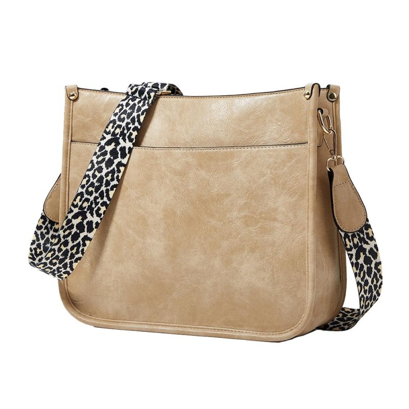 013 Leopard Strap PU Leather Single-shoulder Waterproof Crossbody Tote Bag(Khaki)