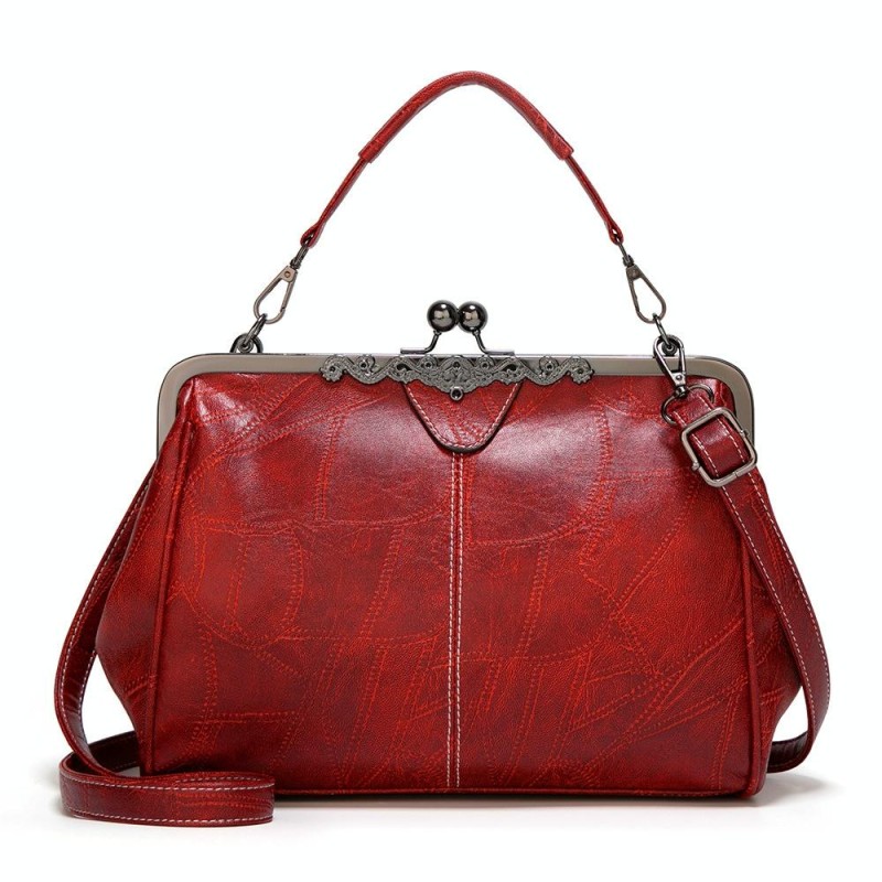 036 Vintage Buckle Handbags Leather Adjustable Crossbody Bag(Red)