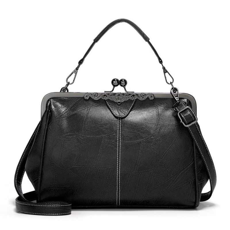 036 Vintage Buckle Handbags Leather Adjustable Crossbody Bag(Black)