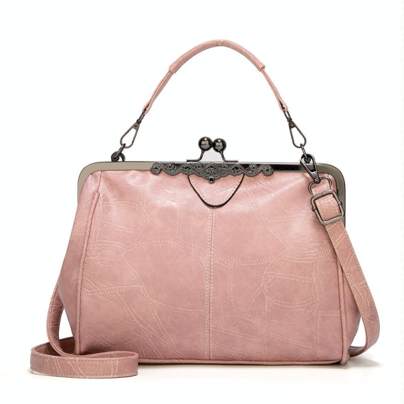 036 Vintage Buckle Handbags Leather Adjustable Crossbody Bag(Pink)