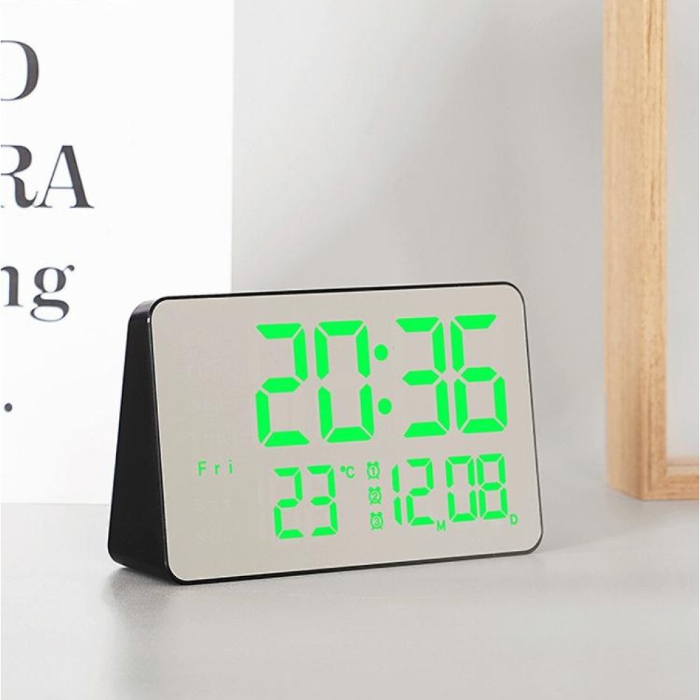 670 Mirror LED Multifunctional Temperature Alarm Clock Bedside Touch Digital Clock(Black Green Light)
