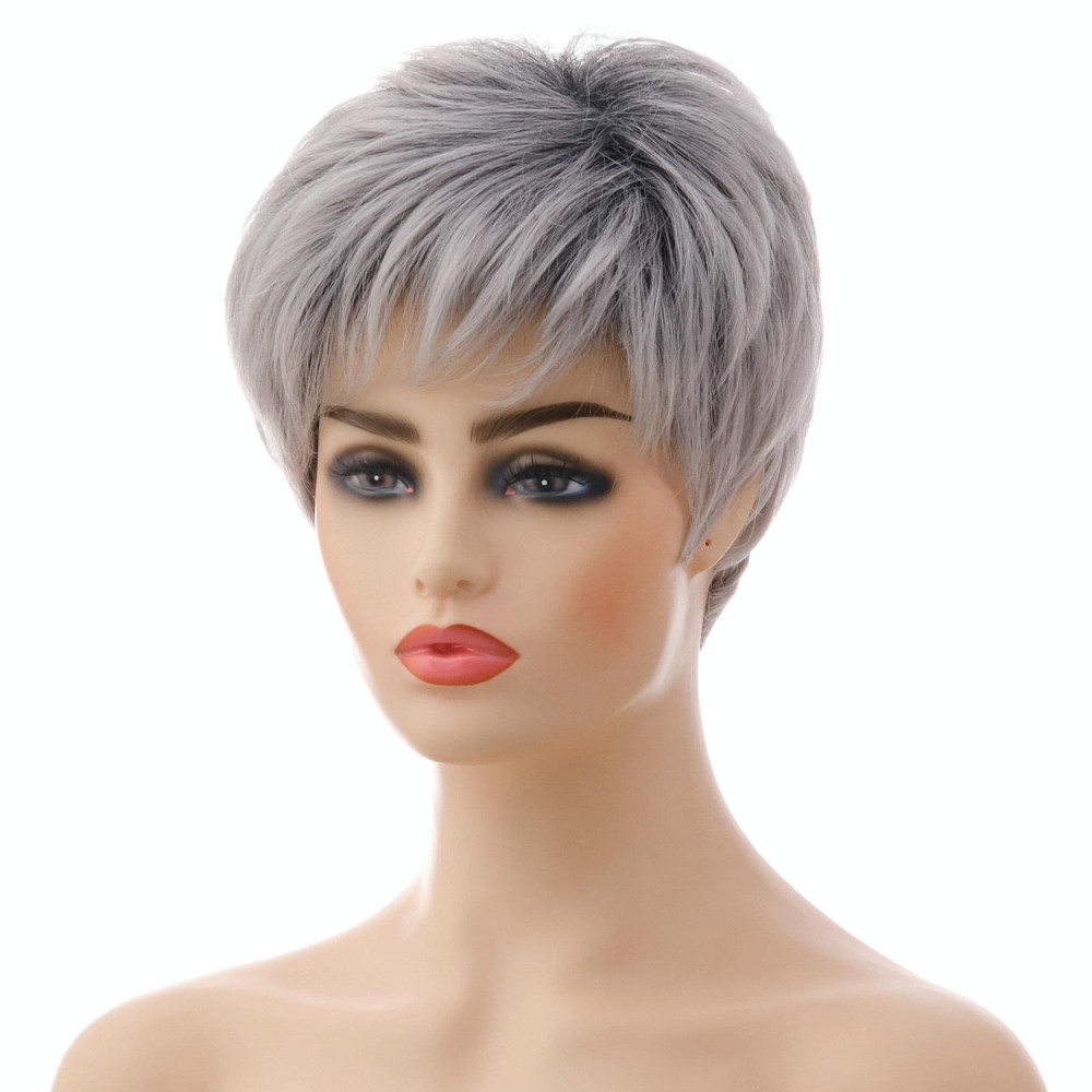 Wig-335 Mixed Silver Gray Ladies Short Straight Hair Wig High Temperature Silk Chemical Fiber Headgear