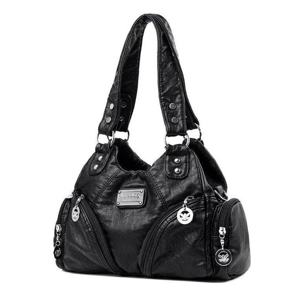 Retro Soft Leather Motorcycle Bag Women Diagonal Shoulder Bag(Black)