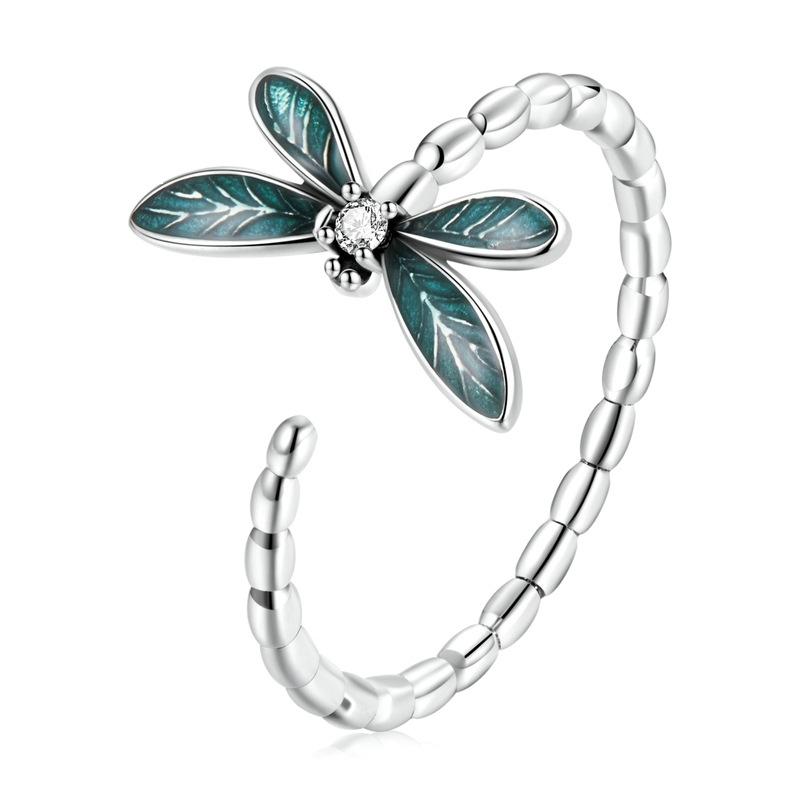 BSR216 Sterling Silver S925 Zircon Vintage Dragonfly Open Ring