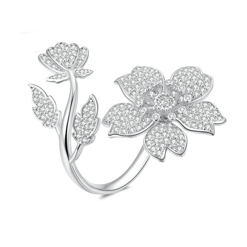 BSR076 Sterling Silver S925 White Gold Plated Zircon Cherry Blossom Open Adjustable Ring