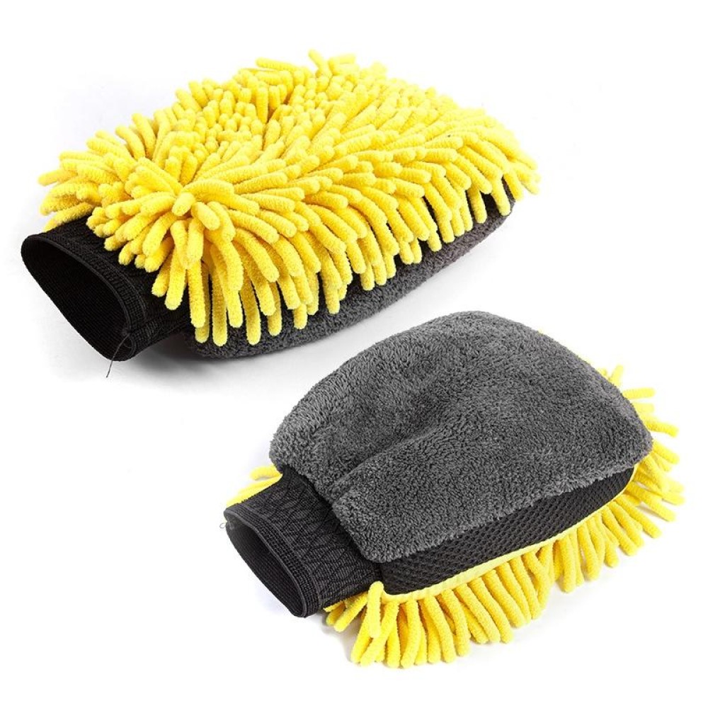 2pcs Car Chenille Coral Fleece Car Wash Double Sided Thick Gloves(Yellow)