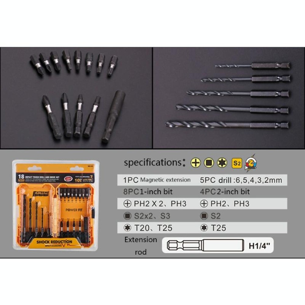 18  In 1 Alloy Drill Bit Impact Bit Set Decoration Electrician Tools