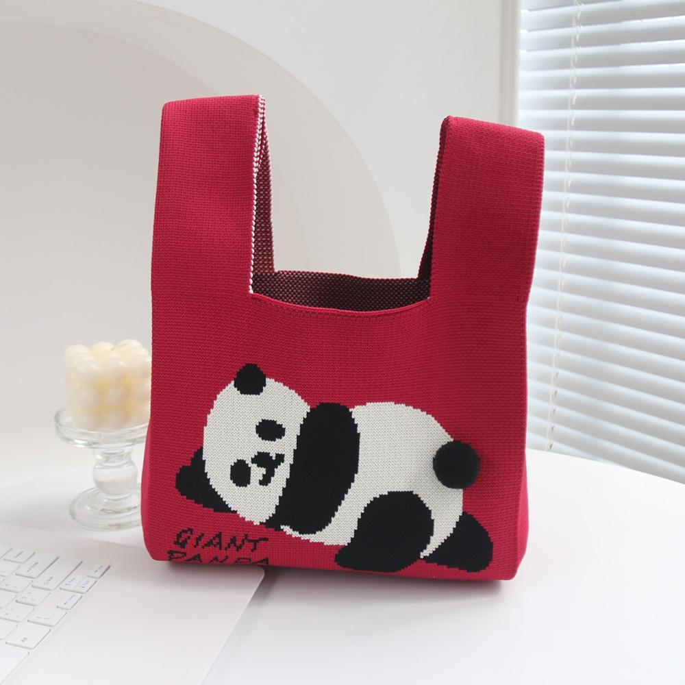 Spring and Summer Giant Panda Knitted Bag Large Capacity Cartoon Vest Style Handbag(Red)