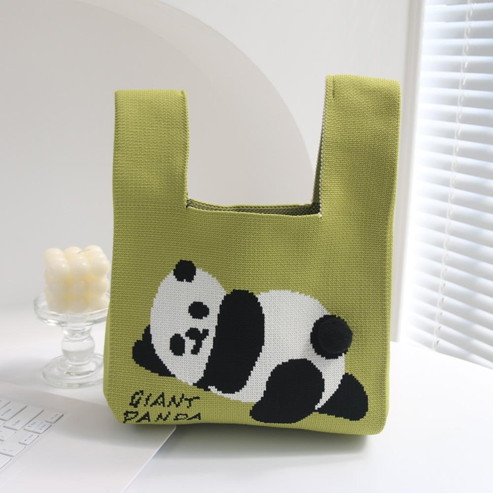 Spring and Summer Giant Panda Knitted Bag Large Capacity Cartoon Vest Style Handbag(Matcha Color)