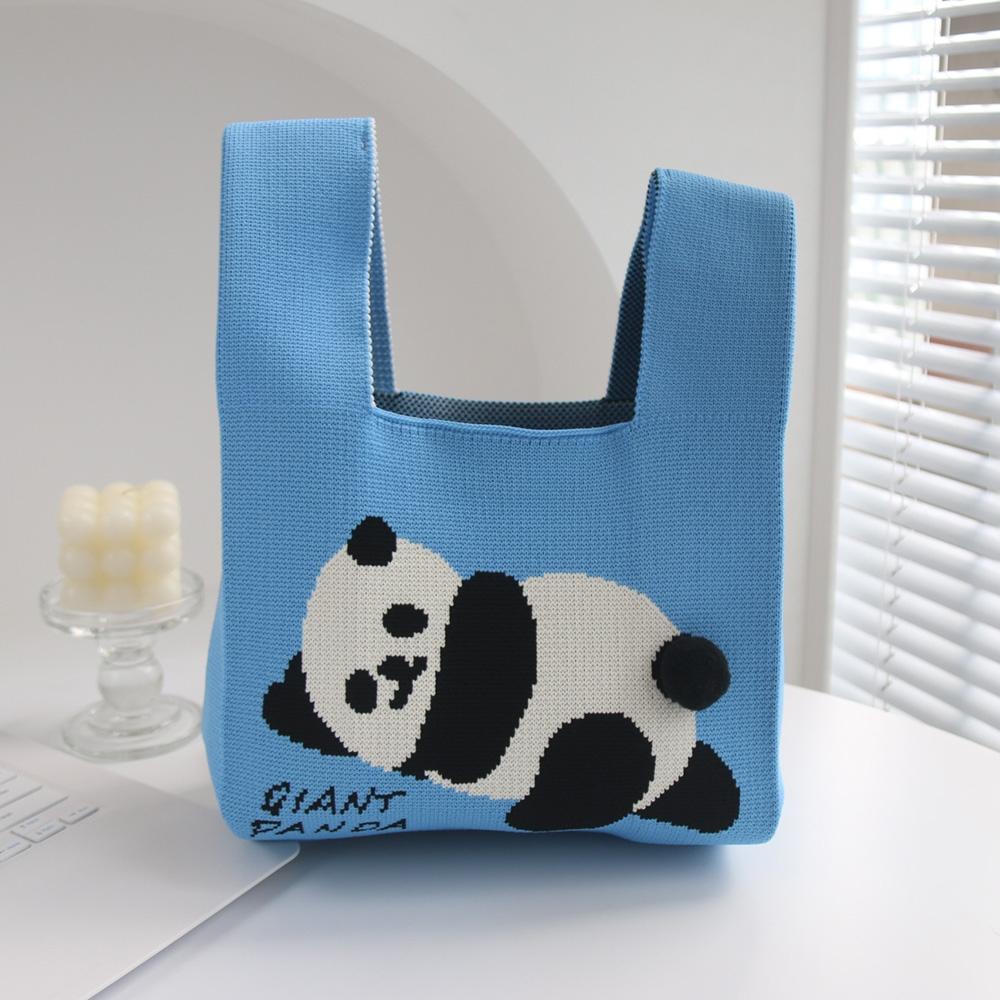 Spring and Summer Giant Panda Knitted Bag Large Capacity Cartoon Vest Style Handbag(Blue)