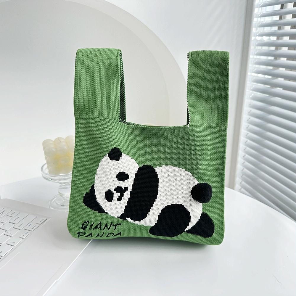 Spring and Summer Giant Panda Knitted Bag Large Capacity Cartoon Vest Style Handbag(Green)