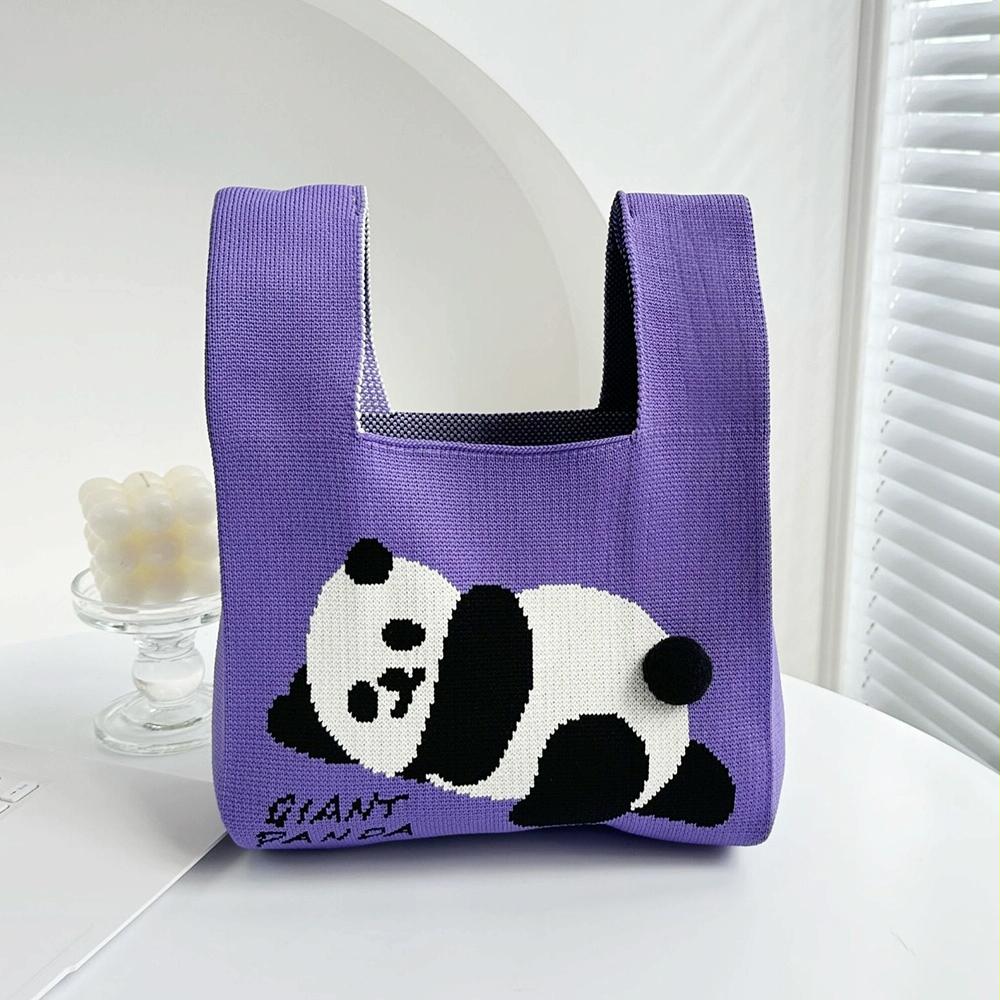 Spring and Summer Giant Panda Knitted Bag Large Capacity Cartoon Vest Style Handbag(Purple)