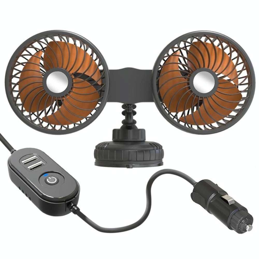 F6026 Large Suction Cup Vehicle-Mounted Double-Head Fan, Model: Cigarette Lighter with USB