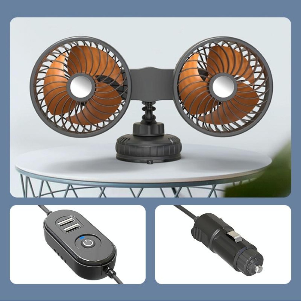 F6026 Large Suction Cup Vehicle-Mounted Double-Head Fan, Model: Cigarette Lighter with USB