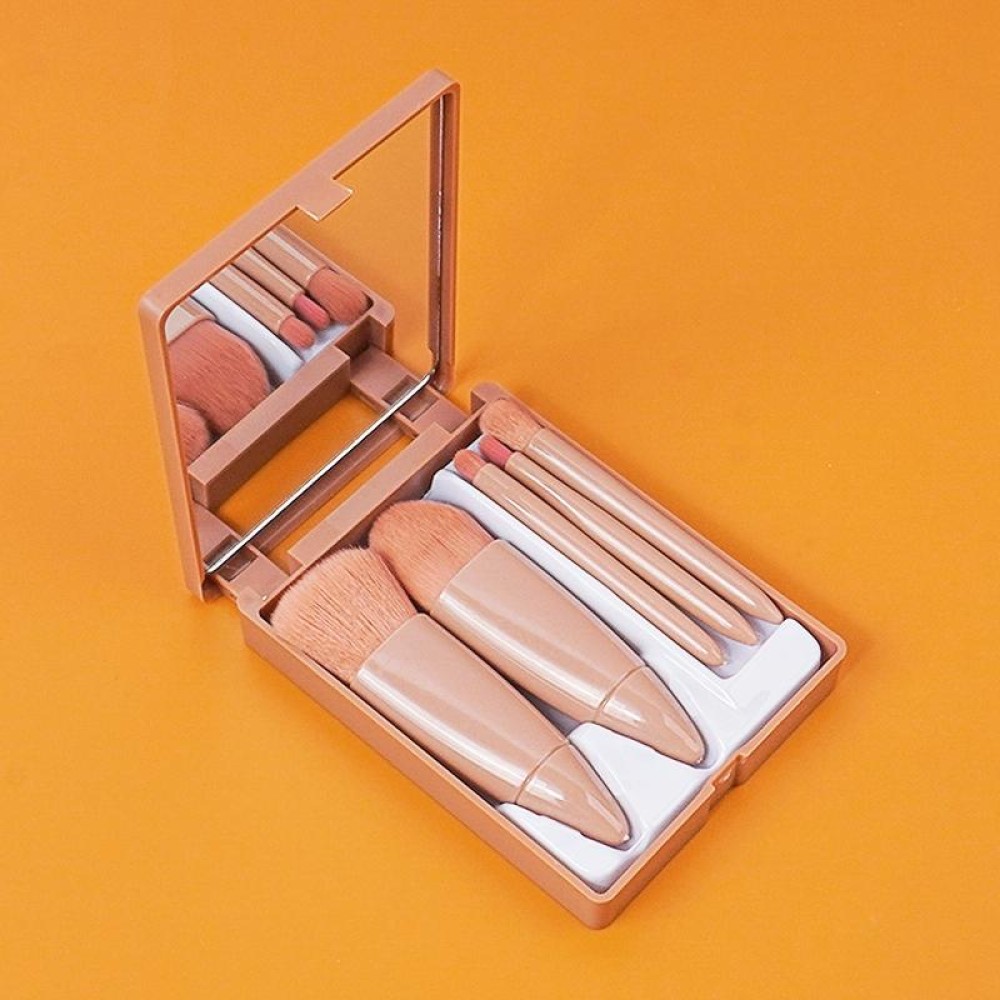 5pcs/Set Medium Portable Makeup Brush Set With Mirror Mini Multifunctional Makeup Brush(Brown)