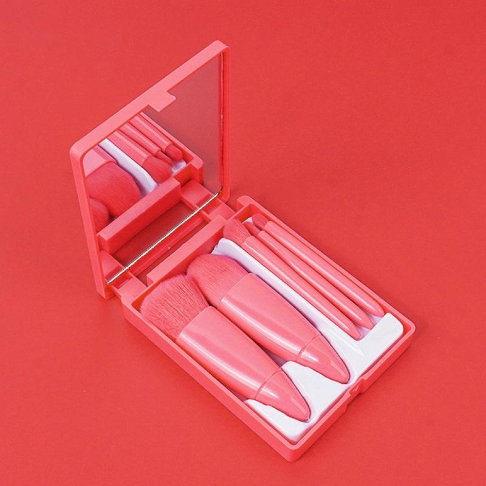 5pcs/Set Medium Portable Makeup Brush Set With Mirror Mini Multifunctional Makeup Brush(Rose Red)