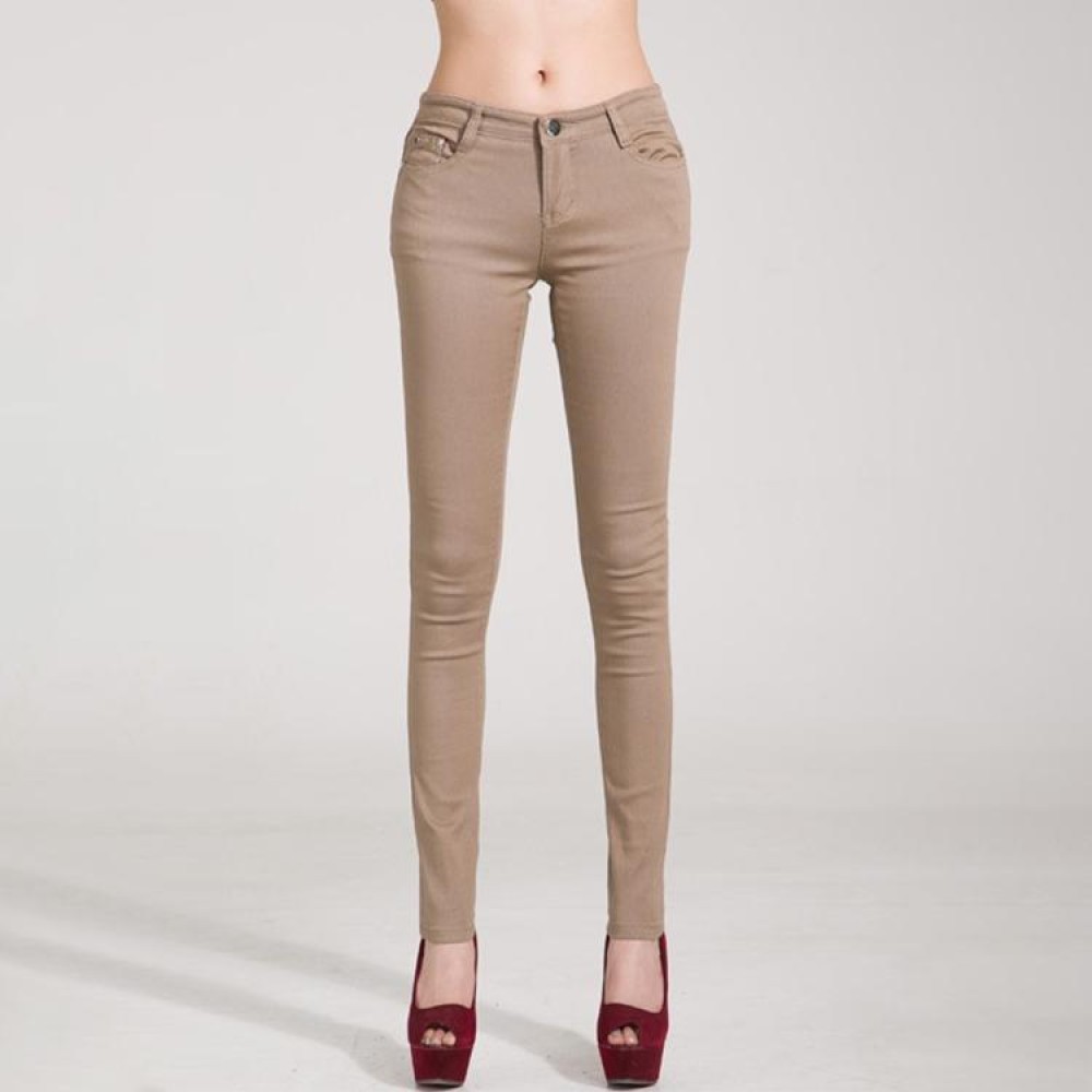 Mid-Waist Stretch Candy-Colored Tight Trousers Look-Sliming Jeans, Size: 27(Khaki)