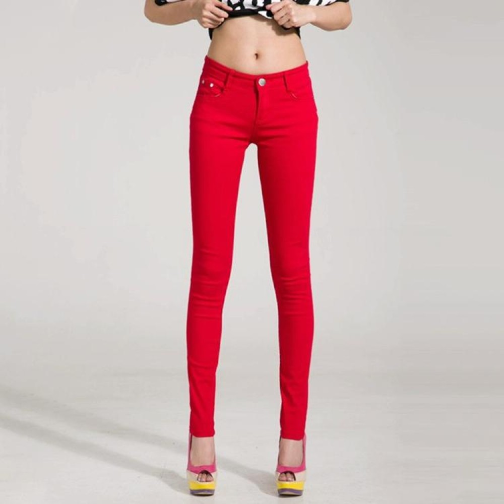 Mid-Waist Stretch Candy-Colored Tight Trousers Look-Sliming Jeans, Size: 27(Red)
