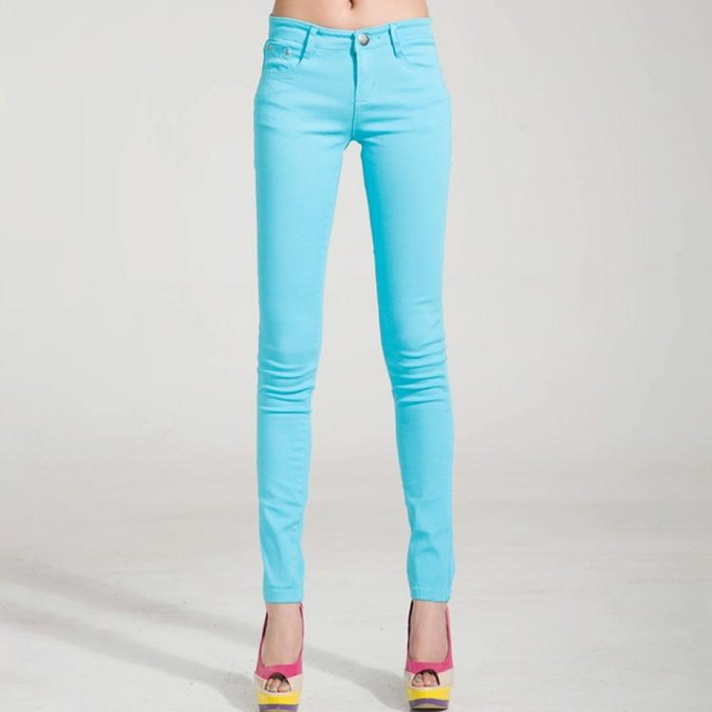 Mid-Waist Stretch Candy-Colored Tight Trousers Look-Sliming Jeans, Size: 28(Light Sky Blue)