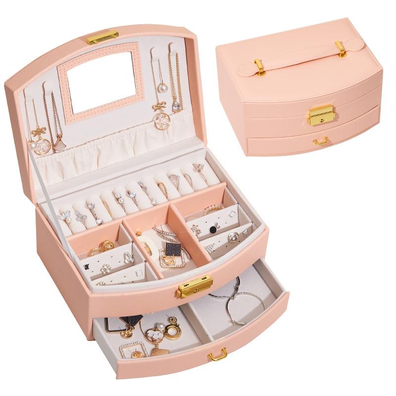Large-capacity Double-layer Jewelry Storage Box Drawer Ring Earring Jewelry Storage Box(Peach Pink)