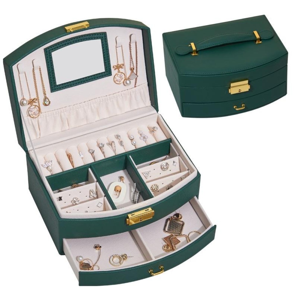 Large-capacity Double-layer Jewelry Storage Box Drawer Ring Earring Jewelry Storage Box(Dark Green)