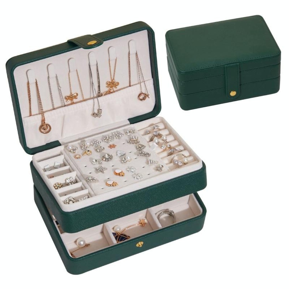 Large-capacity Three-layer PU Leather Waterproof Jewelry Storage Box Earring Necklace Storage Box(Dark Green)