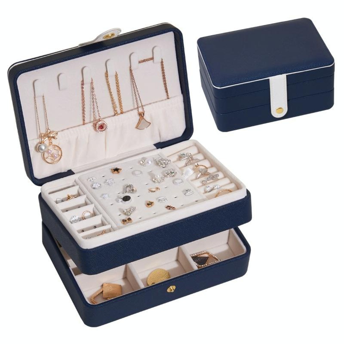 Large-capacity Three-layer PU Leather Waterproof Jewelry Storage Box Earring Necklace Storage Box(Navy Blue)