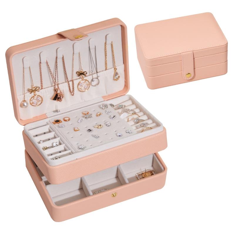 Large-capacity Three-layer PU Leather Waterproof Jewelry Storage Box Earring Necklace Storage Box(Peach Pink)