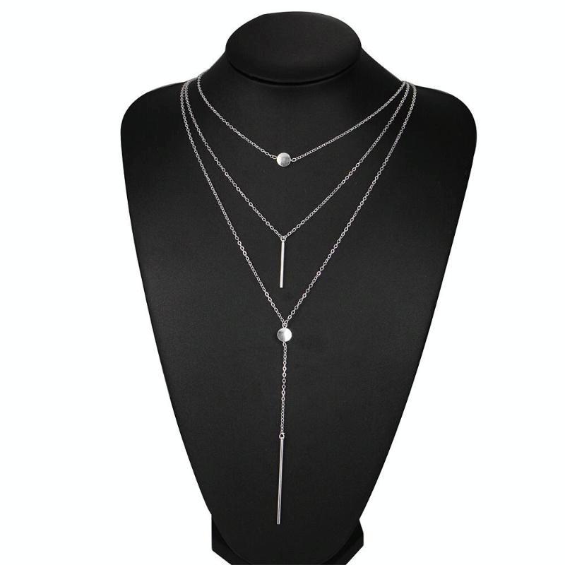 Simple 3-Layer Necklace Small Dot Exquisite Metal Bar Necklace Sweater Chain(Silver)