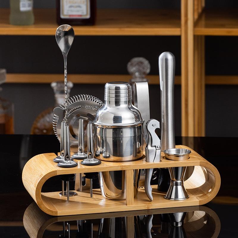 12 in 1 Stainless Steel Bartender Set with Oval Wooden Frame Base Bar Bartending Tools, Style: 350ml