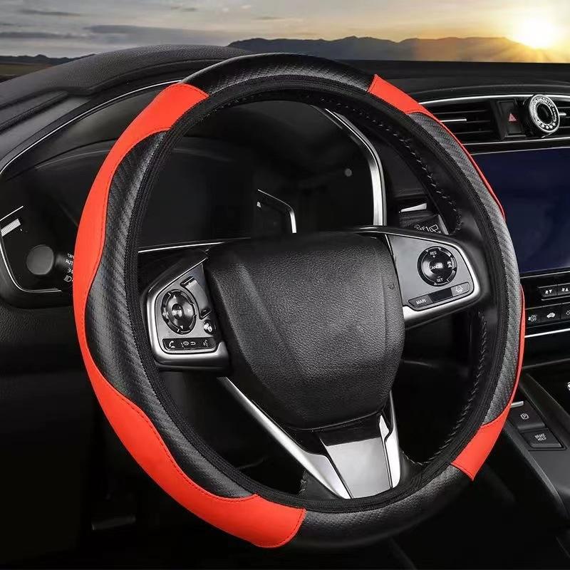 38cm Carbon Fiber Elastic Leather Without Inner Ring Car Steering Wheel Cover, Color: Red