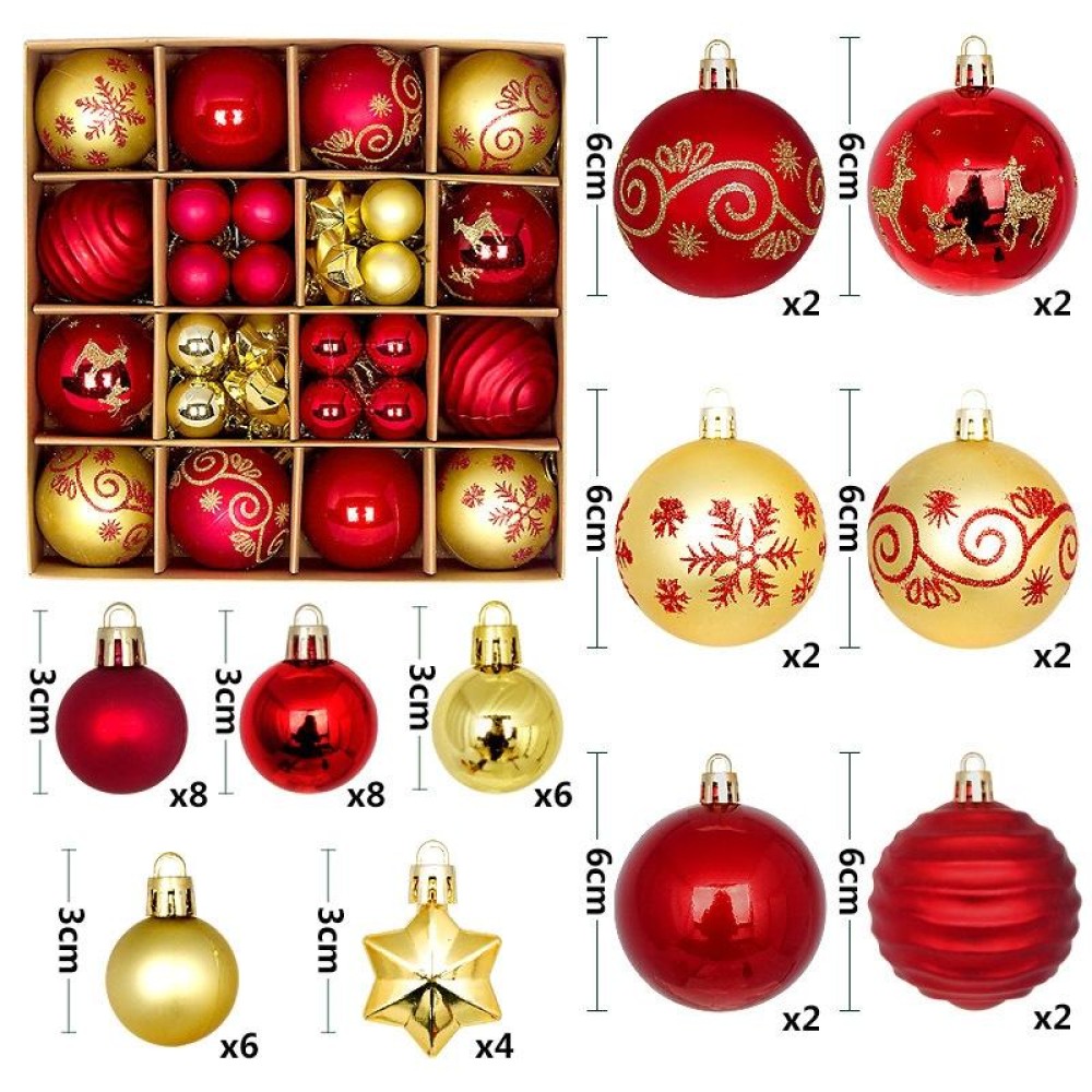 44pcs/set 3-6cm Christmas Ball Painted Pendant Electroplated Ball Ornaments, Color: Golden Red