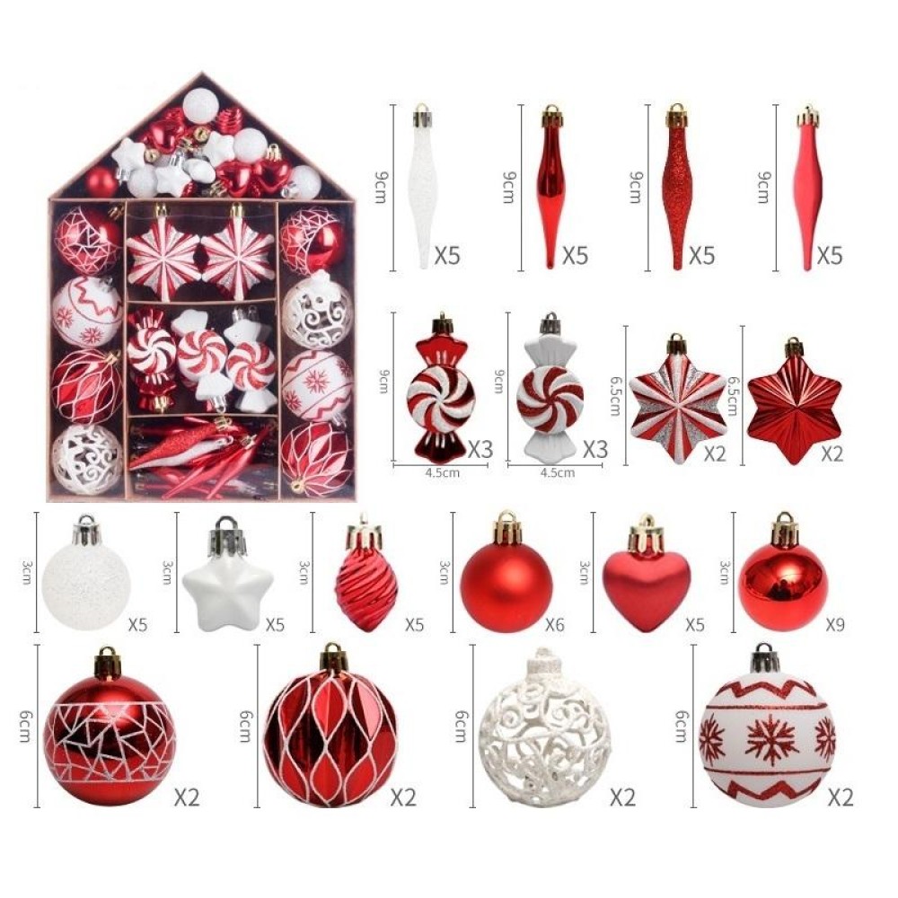 73pcs/Set Christmas Tree Decoration Pendant Painted Christmas Ball, Color: Red White