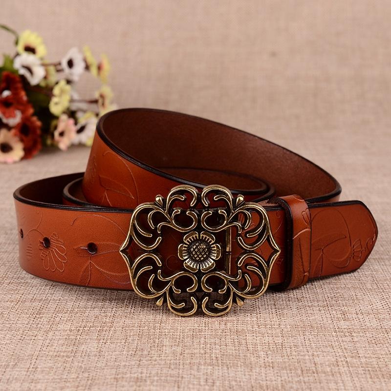 105cm Sunflower Pattern Needle Buckle Women Belt Retro Waist Band Leather Belt(Brown)