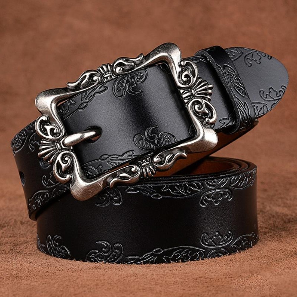 105cm Women Carved Leather Waist Band Simple Pin Buckle Belt(Black)
